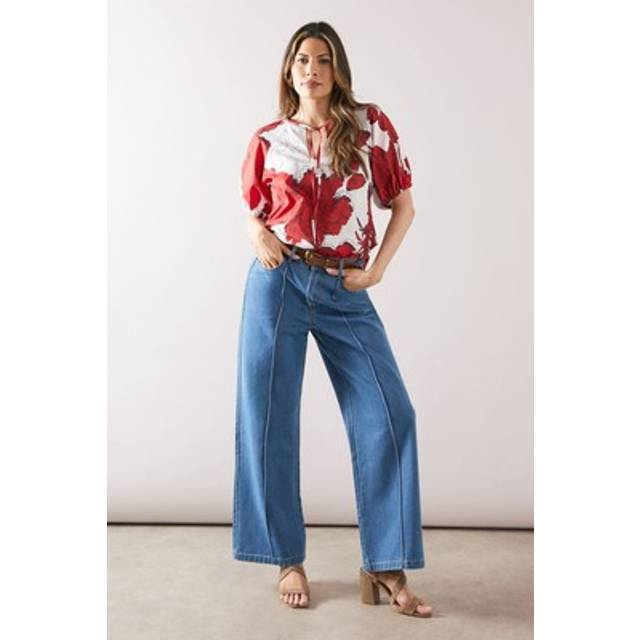 Womens Floral Cotton Puff Sleeve Top - Red - 14