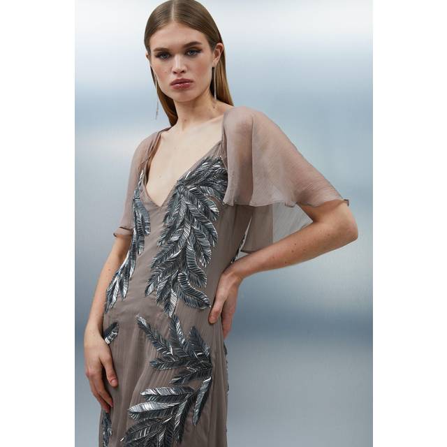 Petite Feather Embellished Woven Cape Sleeve Maxi Dress - Taupe
