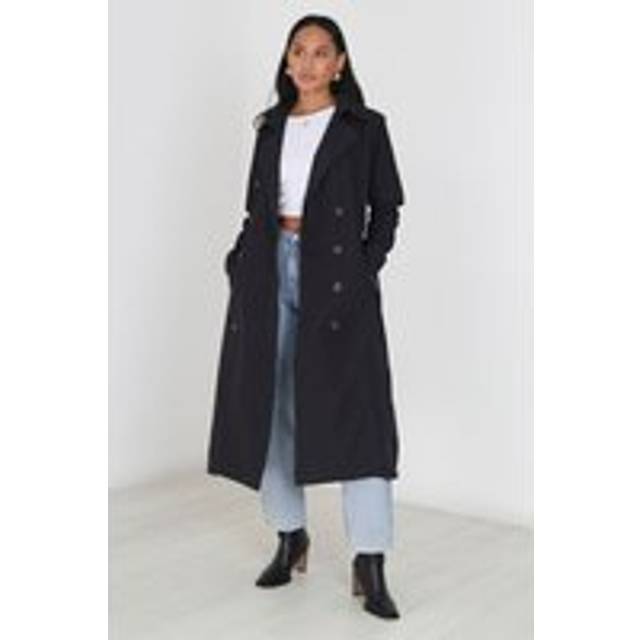 Double-Breasted Longline Trench Coat - Black - 12