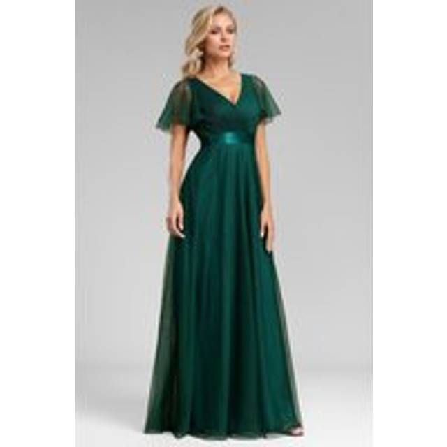 Elegant spring V Neck Ruffle Sleeve Ruched Empire Waist A line Maxi Evening Dress - Dark Green - 18