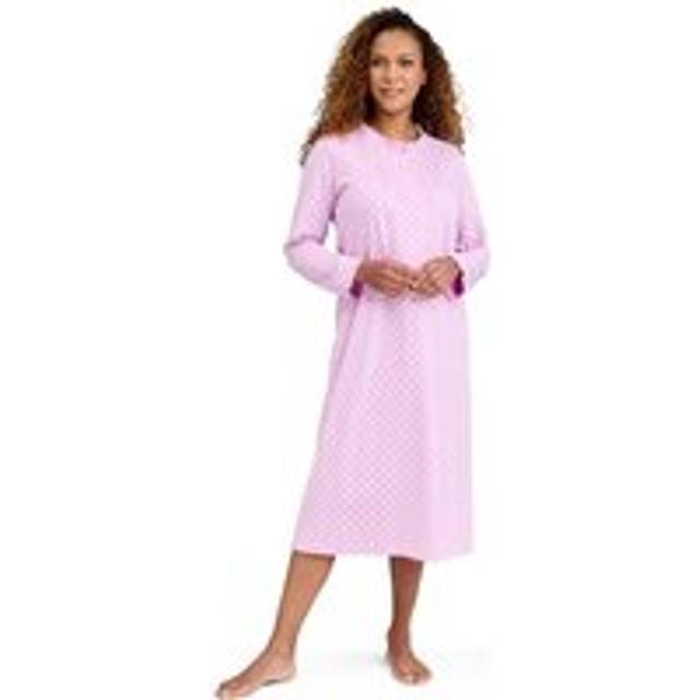 Print Frill Neck Nightdress Long Sleeve Button Front Cotton Nightie - Lavender - 16-18