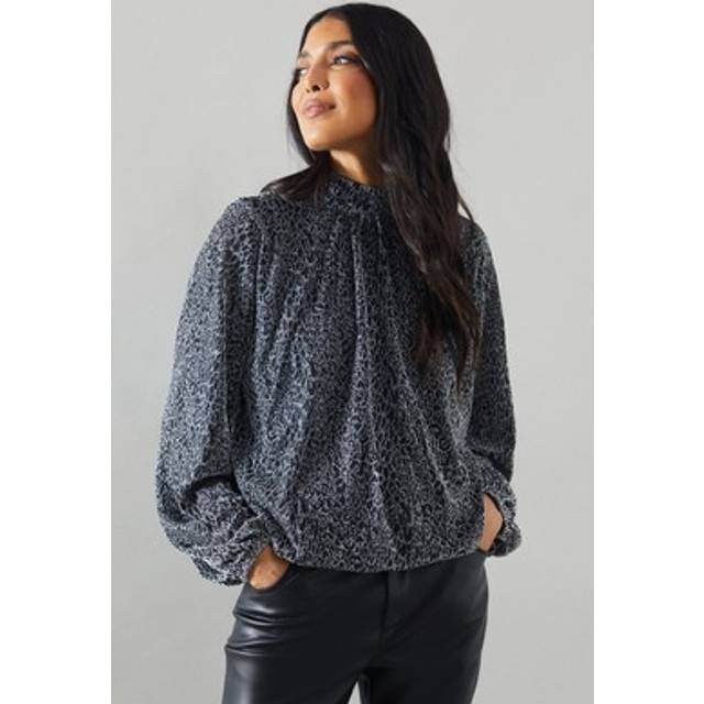 Wallis Womens Tops Silver Metallic Animal Print High Neck Balloon Sleeves