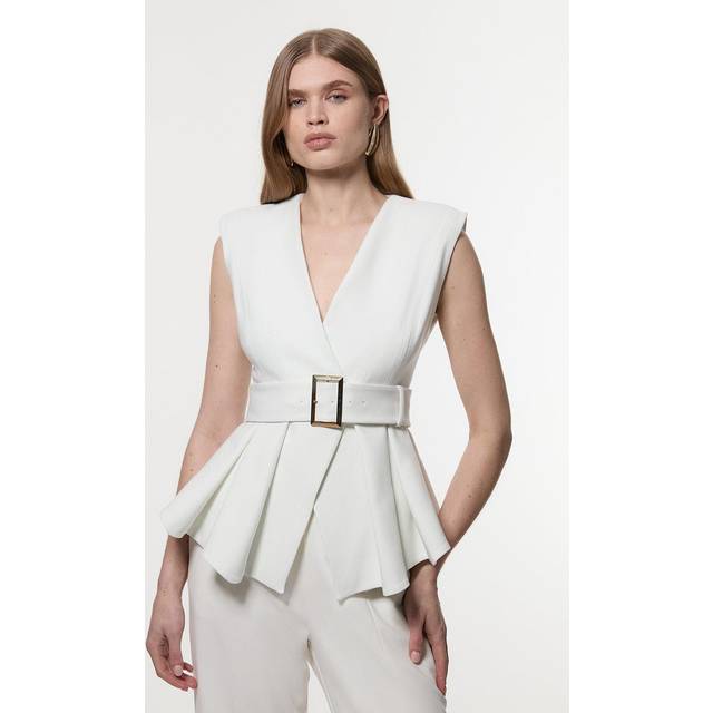 Compact Stretch Belted Peplum Sleeveless Tailored Jacket - Ivory - 14
