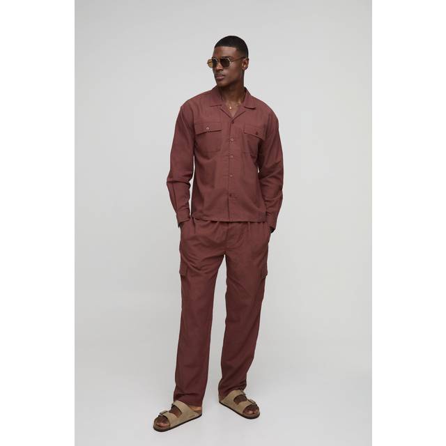 Mens Chocolate Oversized Linen Blend Look Cargo Pocket Shirt & Trouser Set