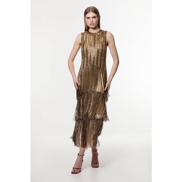 Petite Premium Embellished And Beaded Layered Fringing Woven Midi Dress - Gold
