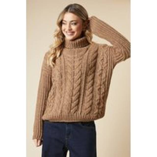 Womens Chunky Cable Knit Roll Neck High Low Hem Jumper - Camel - XL