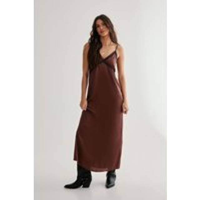 Womens Satin Ribbon Lace Trim Maxi Slip Dress - Brown - 8