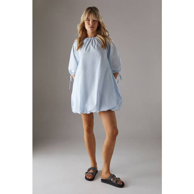 Womens Poplin Bubble Balloon Sleeve Mini Dress - Blue - 8