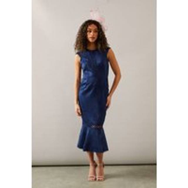 Womens Occasion Jacquard Peplum Hem Midi Dress - Blue - 20