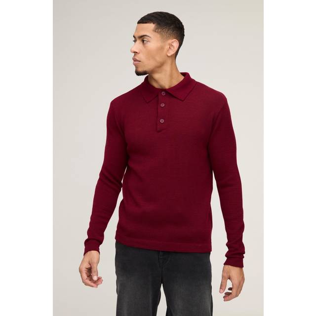 Regular Button Neck Long Sleeve Knitted Polo - Red - L