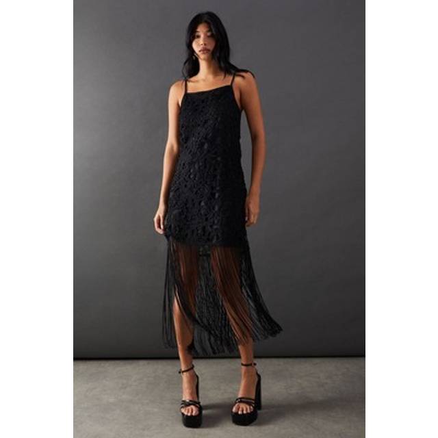 Warehouse Womens Corded Lace Strappy Fringe Hem Mini Dress - Black - Size 10 UK