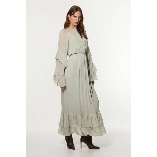 Petite Drama Kimono Viscose Georgette Woven Maxi Dress With PU Belt - Sage