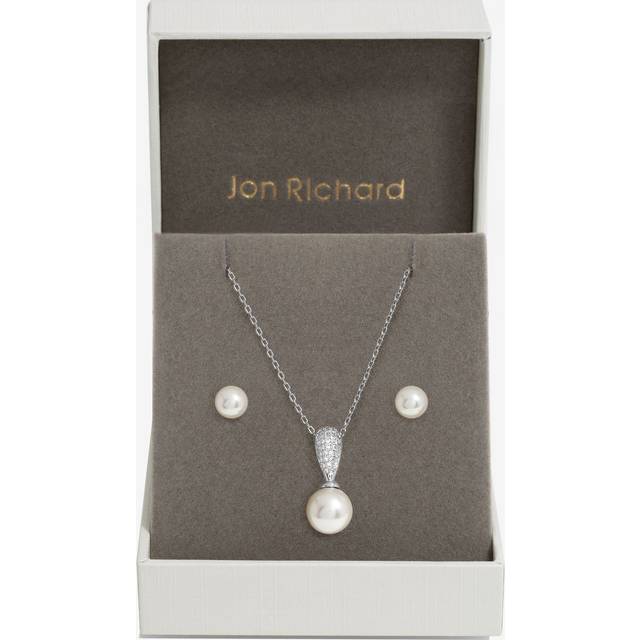 Jon Richard Jon Richard Rhodium Plated Cubic Zirconia And Pearl Set - Gift Boxed