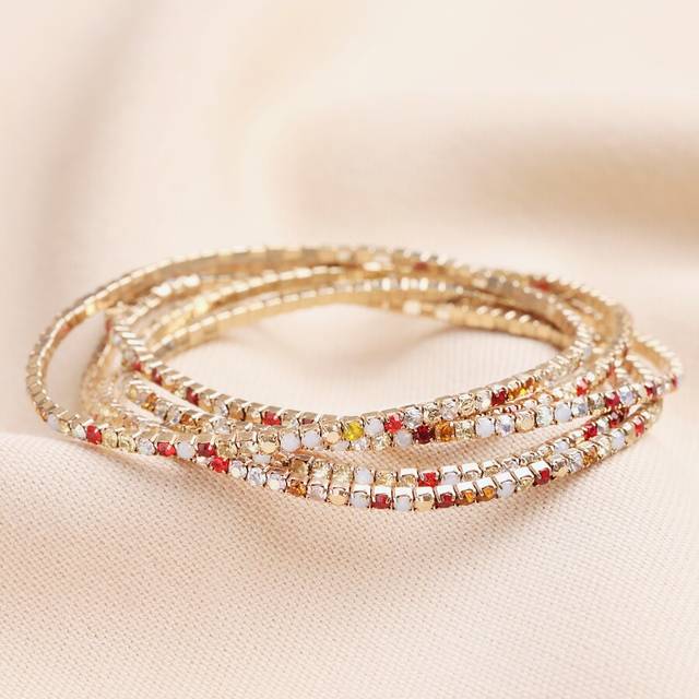 Set of 5 Autumnal Beaded Tennis Bracelet in Gold - gold/red/yellow - one size