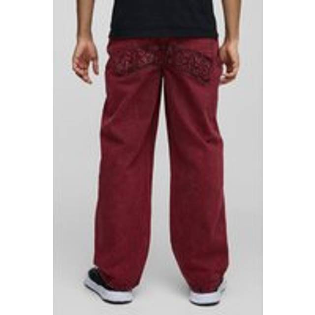 Mens Red Relaxed Rigid Acid Wash Applique Denim Jeans