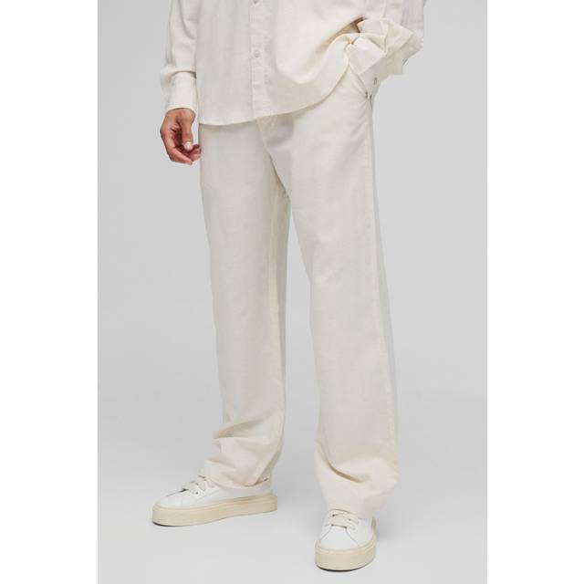 Super Oversized Long Sleeve Collared Linen Blend Shirt - Beige - S