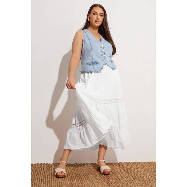 Yours Curve White Cotton Tiered Maxi Skirt, Women's Curve & Plus Size, Yours - 16