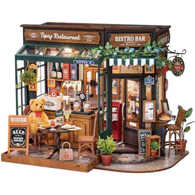 Rolife Model Kit Tipsy Restaurant DIY Miniature House Kit Miniature Caf? Dollhouse Doll House Home Decoration Birthday Gift for Children and Adults
