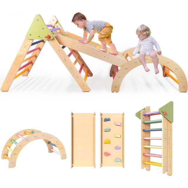 LOL-FUN 7in1 Wooden Climbing Frame for Toddlers, Foldable Baby Climbing Toys Pikler Triangle Set with Ramp and Arch, Montessori Indoor Play Jungle Gym
