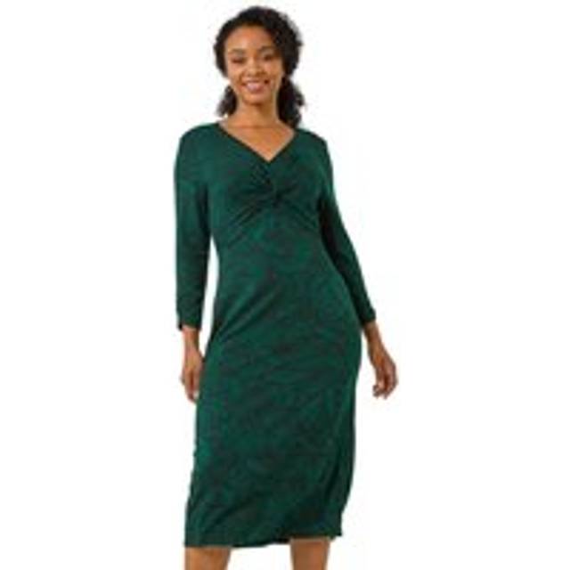 Roman Petite Forest Green Stretch Leaf Print Twist Midi Dress - Size 8