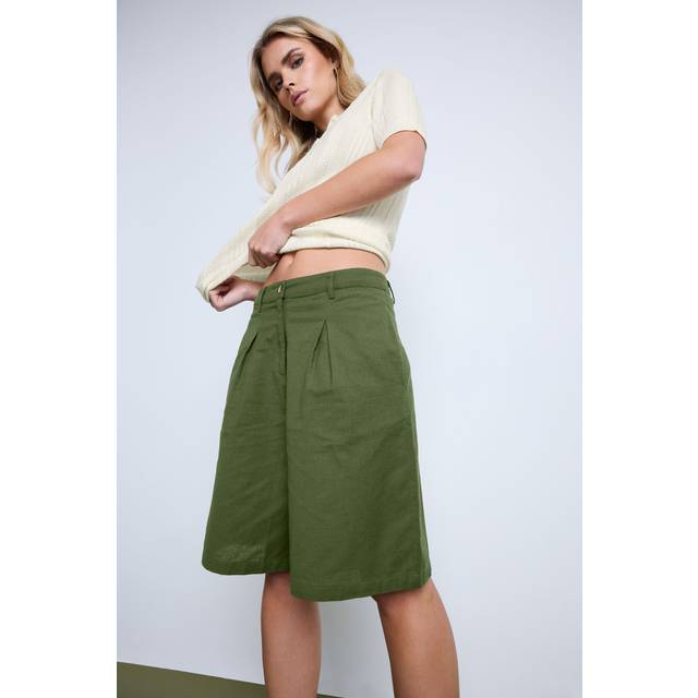 Pixiegirl Khaki Green Linen Bermuda Shorts 6 Pixiegirl | Petite Women's Casual Shorts