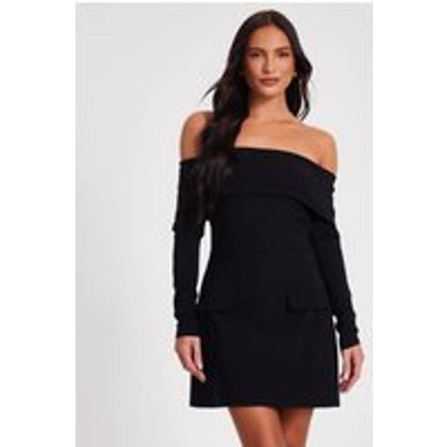 Womens Black Bardot Long Sleeve Mini Dress - 6