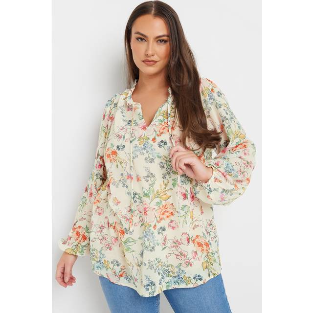 Yours Curve White & Pink Floral Print Frill Neck Blouse, Women's Curve & Plus Size, Yours - 20