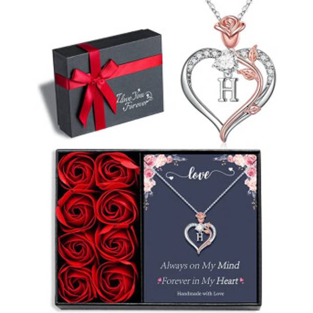 STORUP Gifts for Women - Rose Flower Heart Initial Necklace Letter H Pendant Necklace for Women Gifts Valentines Christmas Gifts for Mom Wife Annivers