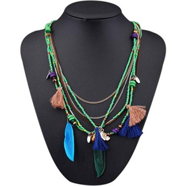 (green) Women&apos;s Boho Ethnic Style Feathers Tassels Beads Multi-layer Chain Necklace