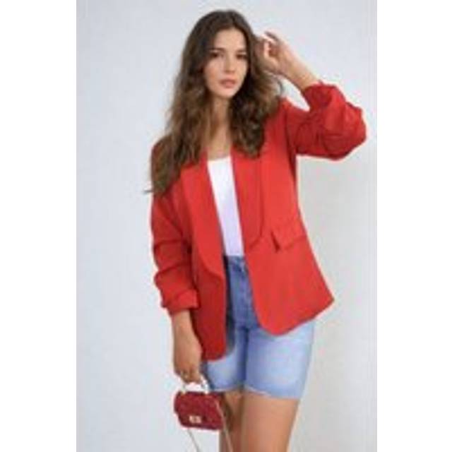 Valerie Ruched Sleeve Open Front Blazer Jacket With Front Pockets - Red