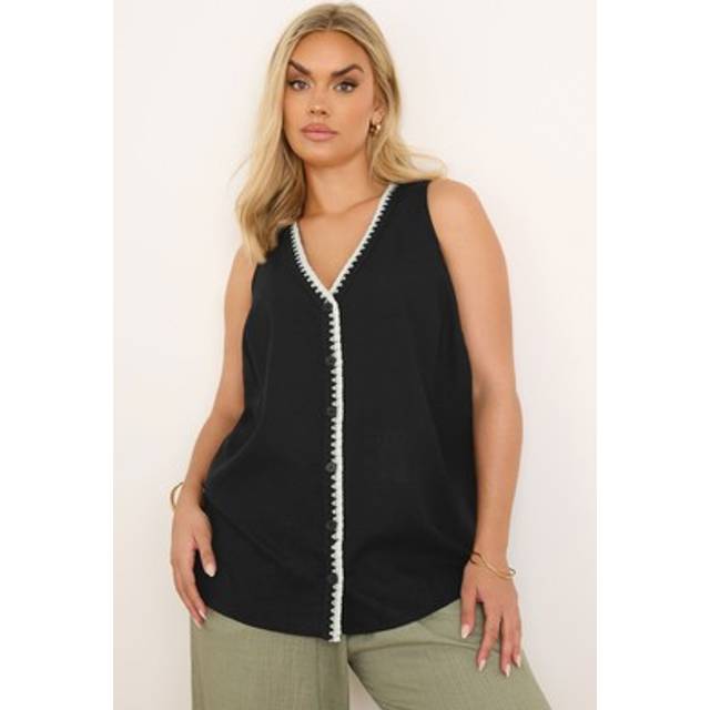 Yours Curve Black Blanket Stitch Linen Vest Top, Women's Curve & Plus Size, Yours - 34-36