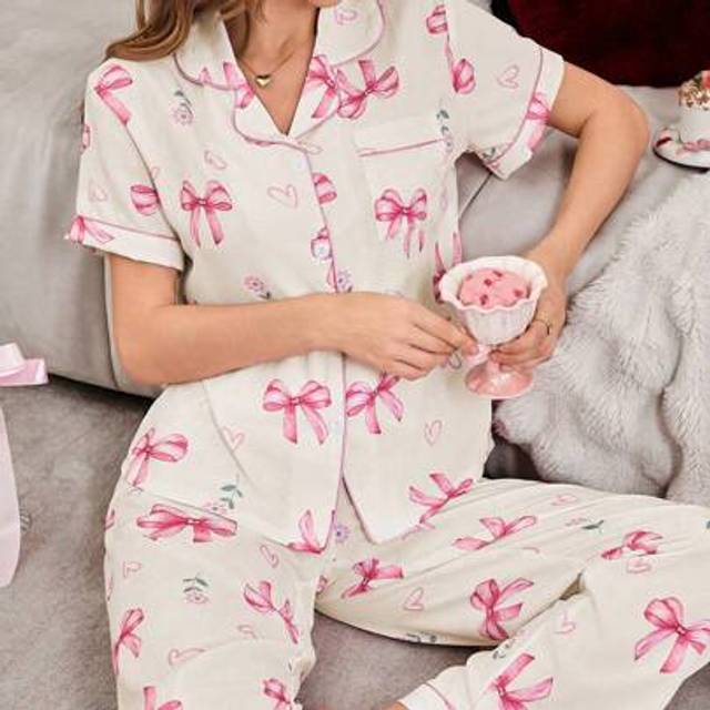 SHEIN Bubble Wrinkled Bow-Knot Print Short Sleeve & Long Pants Pajama Set