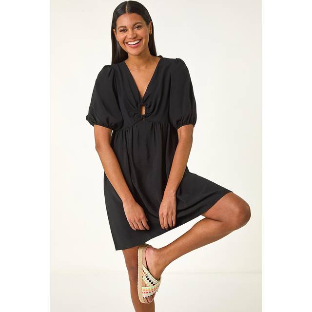 Roman Black Ring Detail V-Neck Gathered Dress - Size 22