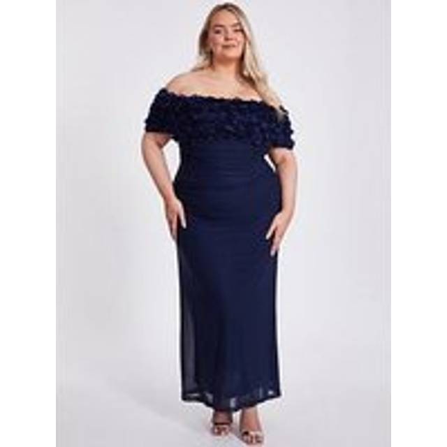 Quiz Women's Plus Size Curve Navy Off The Shoulder Floral Trim Maxi Dress Curves New Look - UK 26