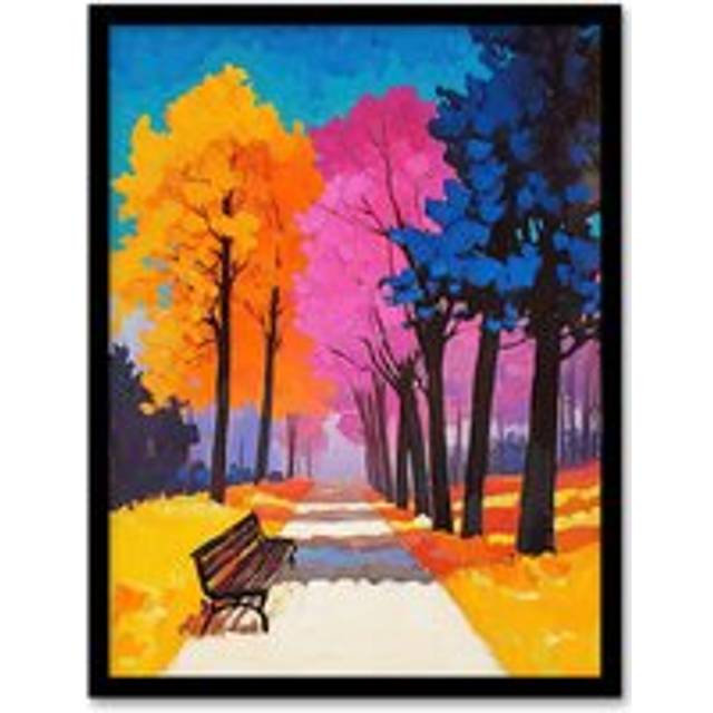 Park Bench Colourful Tree Path Vibrant Landscape Framed Art Print - Multi - A4