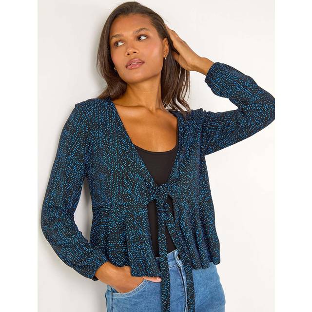 Abstract Print Tie Front Frill Cardigan - Blue - 14