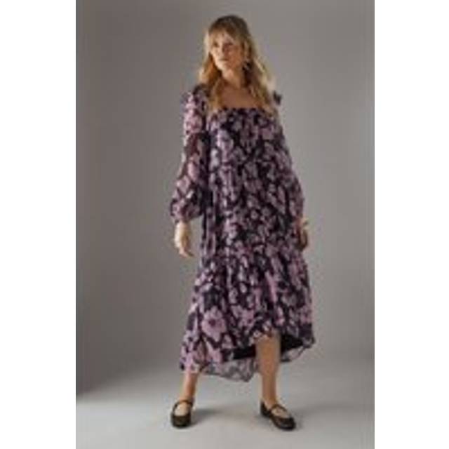 Womens Shadow Stripe Ruffle Square Neck Smock Midi Dress - pink - Pink - 12