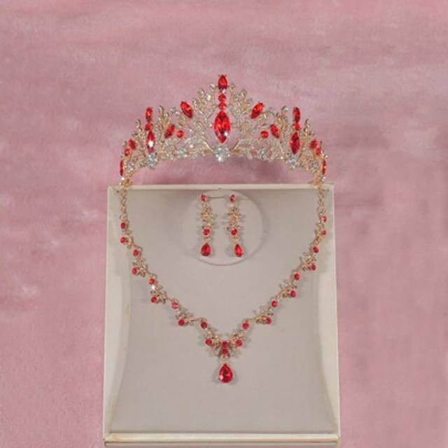 SHEIN 4pcs/Set Girls Children&#39;s Red & Gold Crown, Necklace, Earrings Accessory Set, Suitable For Holiday Awards Ceremony, Stage Performance, Fashion Show, S