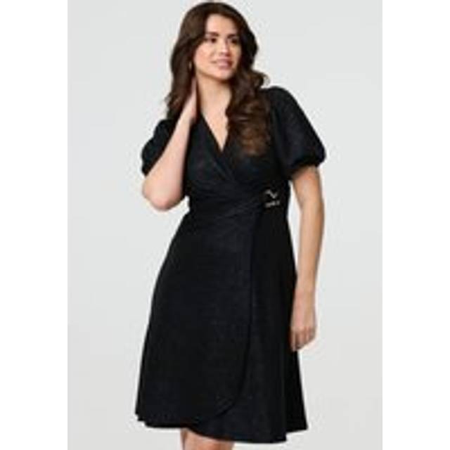 Sparkly 1/2 Sleeve Belted Wrap Midi Dress - Black - 8