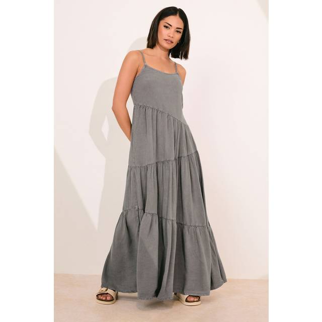 Pixiegirl Grey Acid Wash Asymmetric Tiered Maxi Dress 10 Pixiegirl | Petite Women's Maxi Dresses