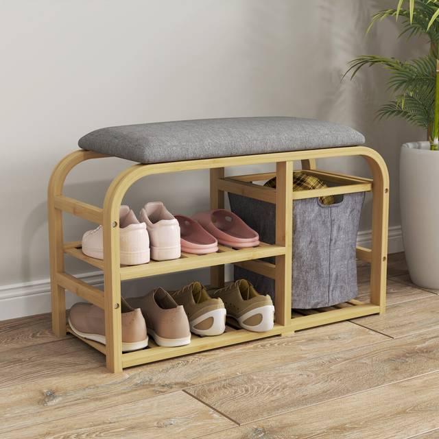 HOMCOM Shoe Rack Bench with Seat for Hallway, Entryway, Nature Wood Finish, Yellow