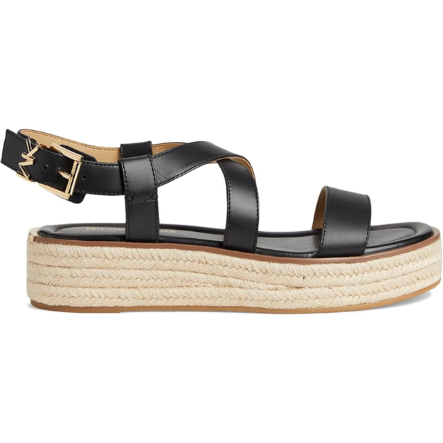 MK Lynn Leather Platform Espadrille Sandal - Black - Michael Kors