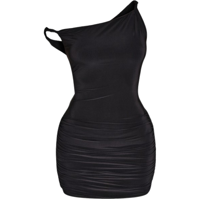 Petite Black Double Slinky Asymmetric Neckline Twist Detail Mini Dress, Black