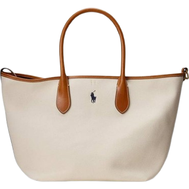 Canvas Tote Bag with Leather Handles and Shoulder Strap - Ecru/Navy - ONE SIZE