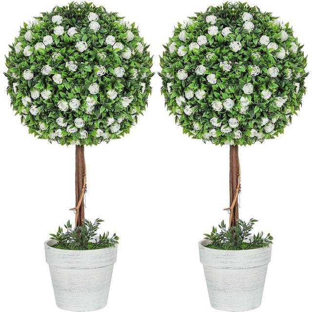HOMCOM Set of 2 Artificial Plants with Rose Flower in Pot - 60cm - White | TJ Hughes