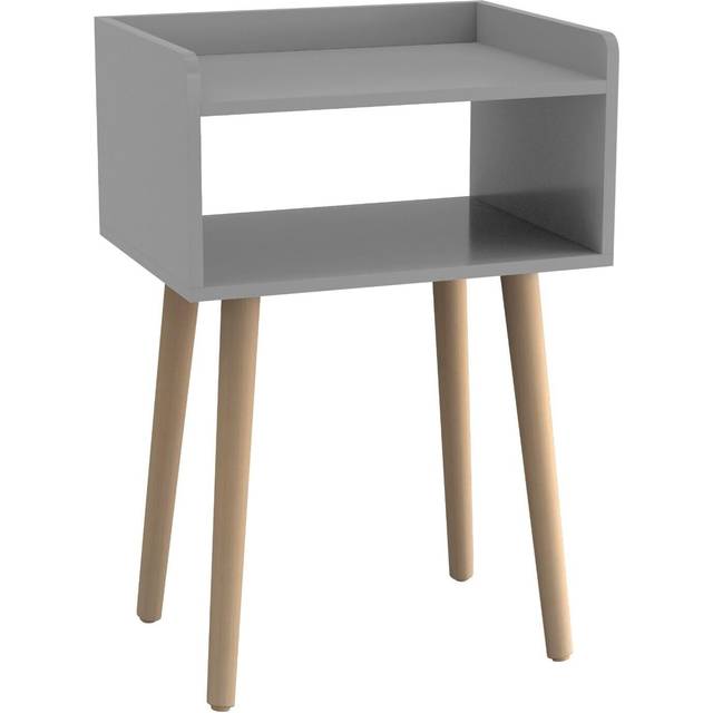 (Grey) Modern Bedside Table Storage Display Unit with 2 Shelves & Solid Pinewood Legs