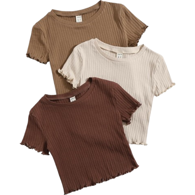 SHEIN 3 Pcs Tween Girls Elegant Round Neck Ribbed Knit Tops With Ruffle Trim