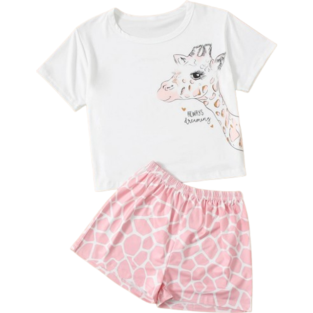 SHEIN Tween Girl Long Neck Deer Printed Pajamas Set, Including Top And Pants