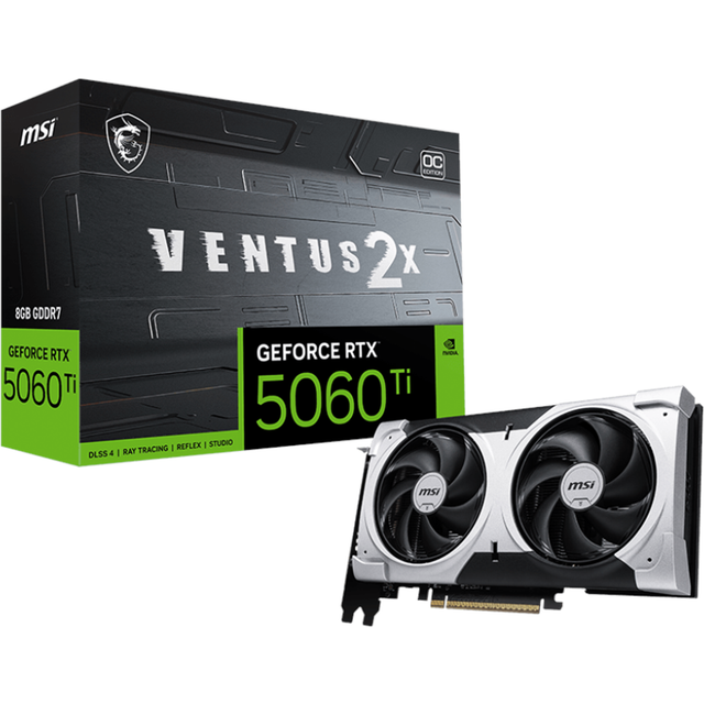 MSI NVIDIA GeForce RTX 5060 Ti 8G Ventus 2X OC Plus 128-bitars spelgrafikkort, boost-frekvens upp till 2617 MHz, PCIe Gen 5, DLSS 4, DP 2.1 x 3, HDMI 2.1 x 1