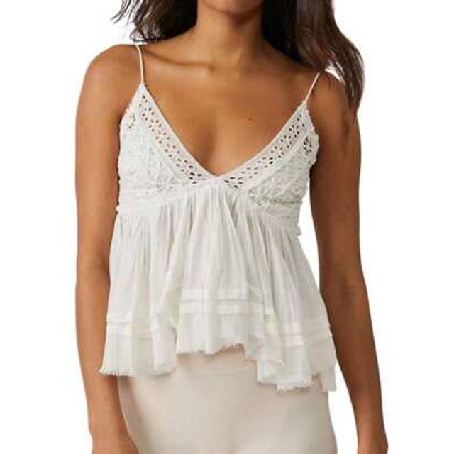 SHEIN Women Summer Spaghetti Strap Deep V Neck Camisole Top Lace Pachwork Ruffled Crop Cami Top